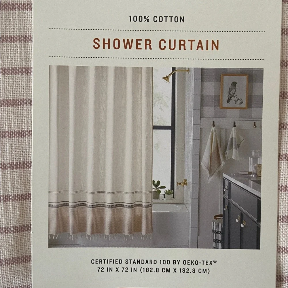 Hearth & Hand cream & mauve shower curtain fringe 72 x 72 inch bathroom decor